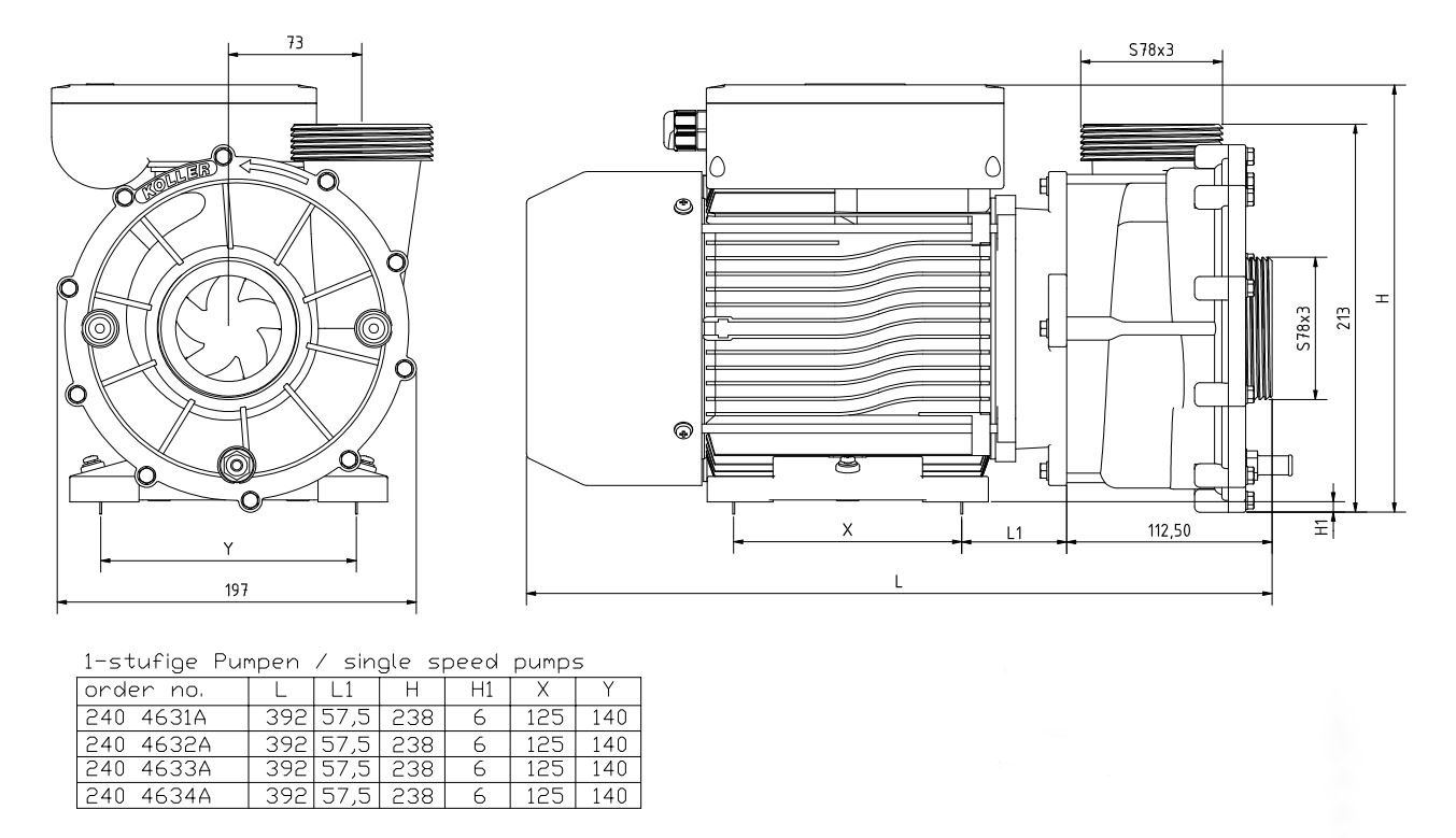 Dimensions pompe koller 240-4633A-J 3hp mono vitesse